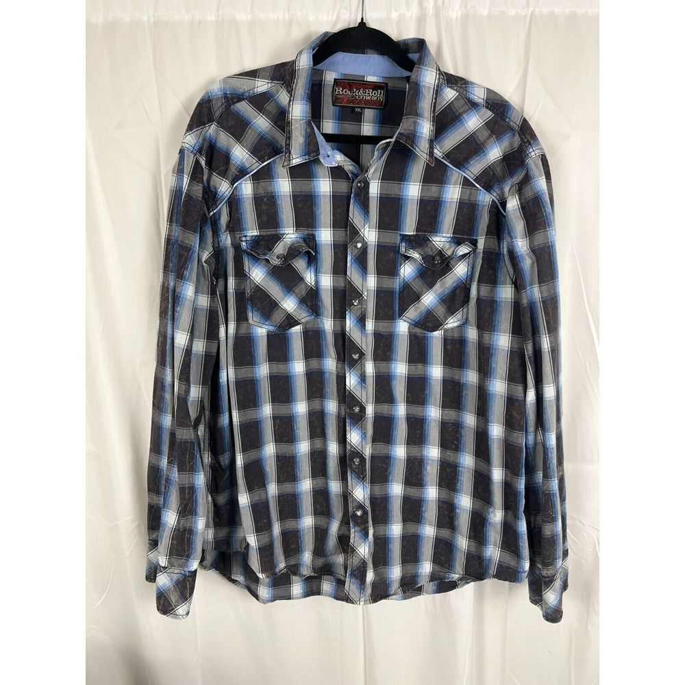 Rock & Roll Cowboy Shirt Mens Size XXL Pearl Snap‎ Long Sleeve Blue Western